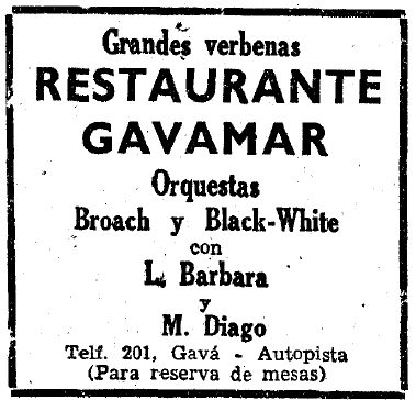 Anuncio de las verbenas con orquesta del Restaurante Gavamar de Gav Mar publicado en el diario LA VANGUARDIA (18 de Junio de 1955)